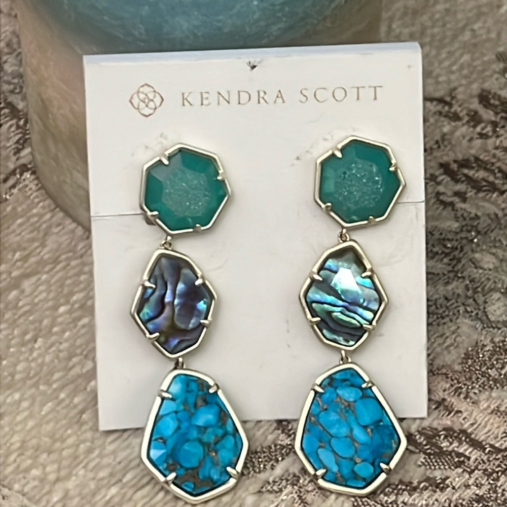 KENDRA SCOTT Nina Linear Matte Dangle Clip Earrings With Blue Mix Stones NWT - Picture 2 of 7